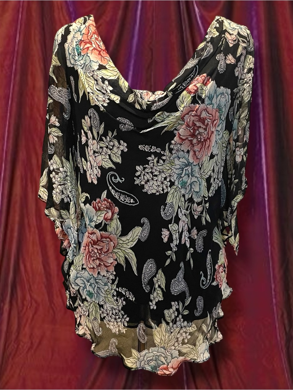 Starina Black Floral Paisley Sheer Blouse | Boho Peasant Top | Large